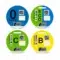 Conjunto de las cuatro pegatinas oficiales de distintivos ambientales de la DGT para vehículos: 0 Emisiones (azul), ECO (verde y azul), C (verde) y B (amarilla).