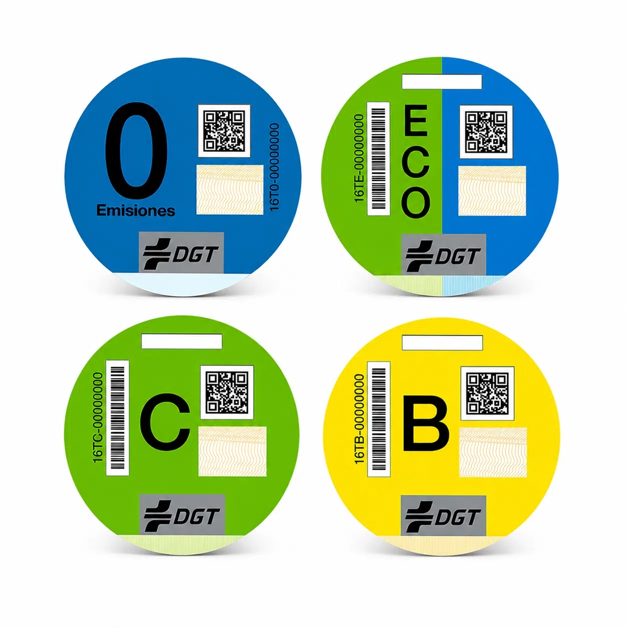 Conjunto de las cuatro pegatinas oficiales de distintivos ambientales de la DGT para vehículos: 0 Emisiones (azul), ECO (verde y azul), C (verde) y B (amarilla).