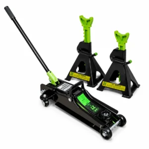 Kit de elevación para coche con gato hidráulico de 2 toneladas y dos borriquetas de 3 toneladas en color negro y verde