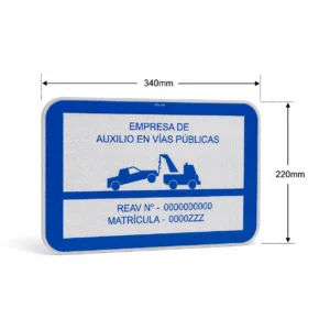 Esquema de medidas de la placa reflectante V-24 para grúas de auxilio en vías públicas, detallando unas dimensiones homologadas de 340 milímetros de ancho por 220 milímetros de alto.