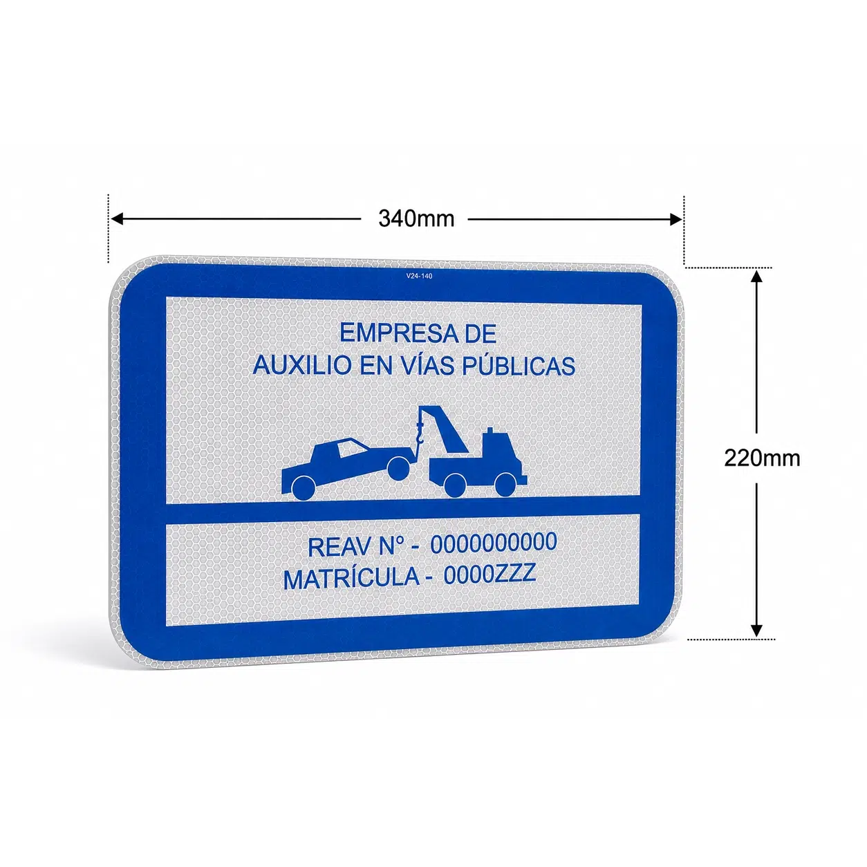 Esquema de medidas de la placa reflectante V-24 para grúas de auxilio en vías públicas, detallando unas dimensiones homologadas de 340 milímetros de ancho por 220 milímetros de alto.