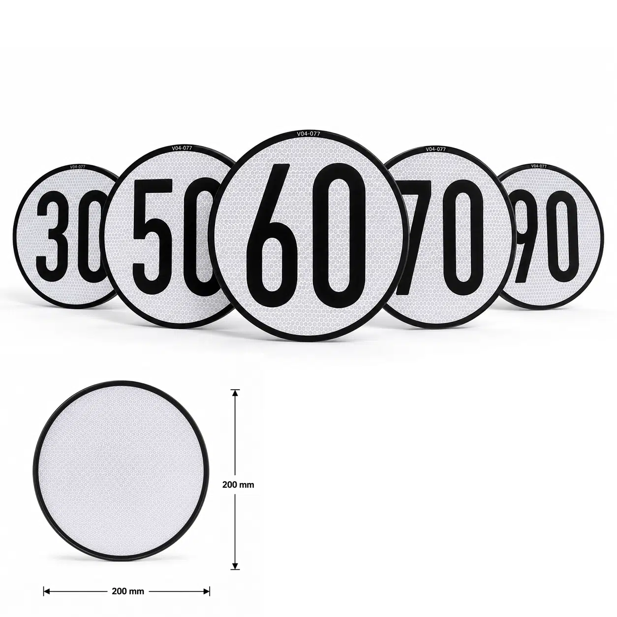 Discos de Velocidad Máxima Homologados (200mm) Colección de discos reflectantes de límite de velocidad máxima para vehículos (30, 50, 60, 70 y 90), junto a un esquema inferior que detalla su diámetro reglamentario de 200 milímetros.