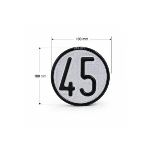 Esquema de medidas del disco reflectante de límite de velocidad máxima de 45, detallando un diámetro reducido y homologado de 100 milímetros.