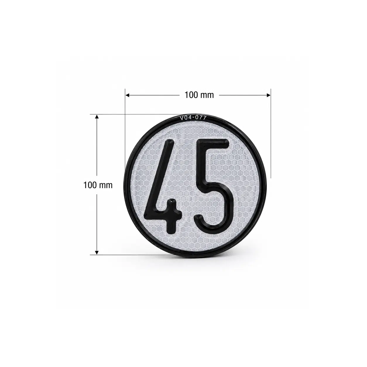 Esquema de medidas del disco reflectante de límite de velocidad máxima de 45, detallando un diámetro reducido y homologado de 100 milímetros.