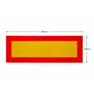 Esquema de medidas de la placa reflectante V-6 para vehículos largos, detallando sus dimensiones homologadas de 565 milímetros de ancho por 196 milímetros de alto.