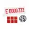 Placa de matrícula acrílica blanca con caracteres rojos para vehículos especiales, acompañada de un disco de límite de velocidad de 45 y seis cuadrados de cinta adhesiva de doble cara 3M rojos.