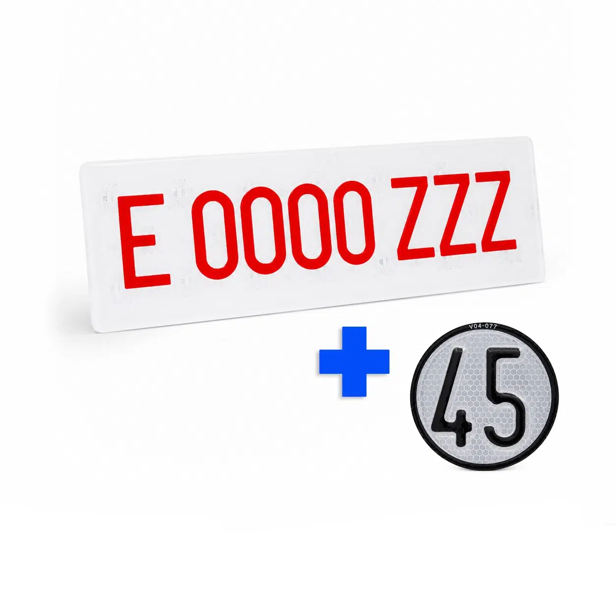 Pack: Matrícula Vehículo Especial + Disco Velocidad 45 km/h Placa de matrícula acrílica blanca con caracteres rojos para vehículos especiales, junto a un signo de suma azul y un disco reflectante de límite de velocidad de 45.