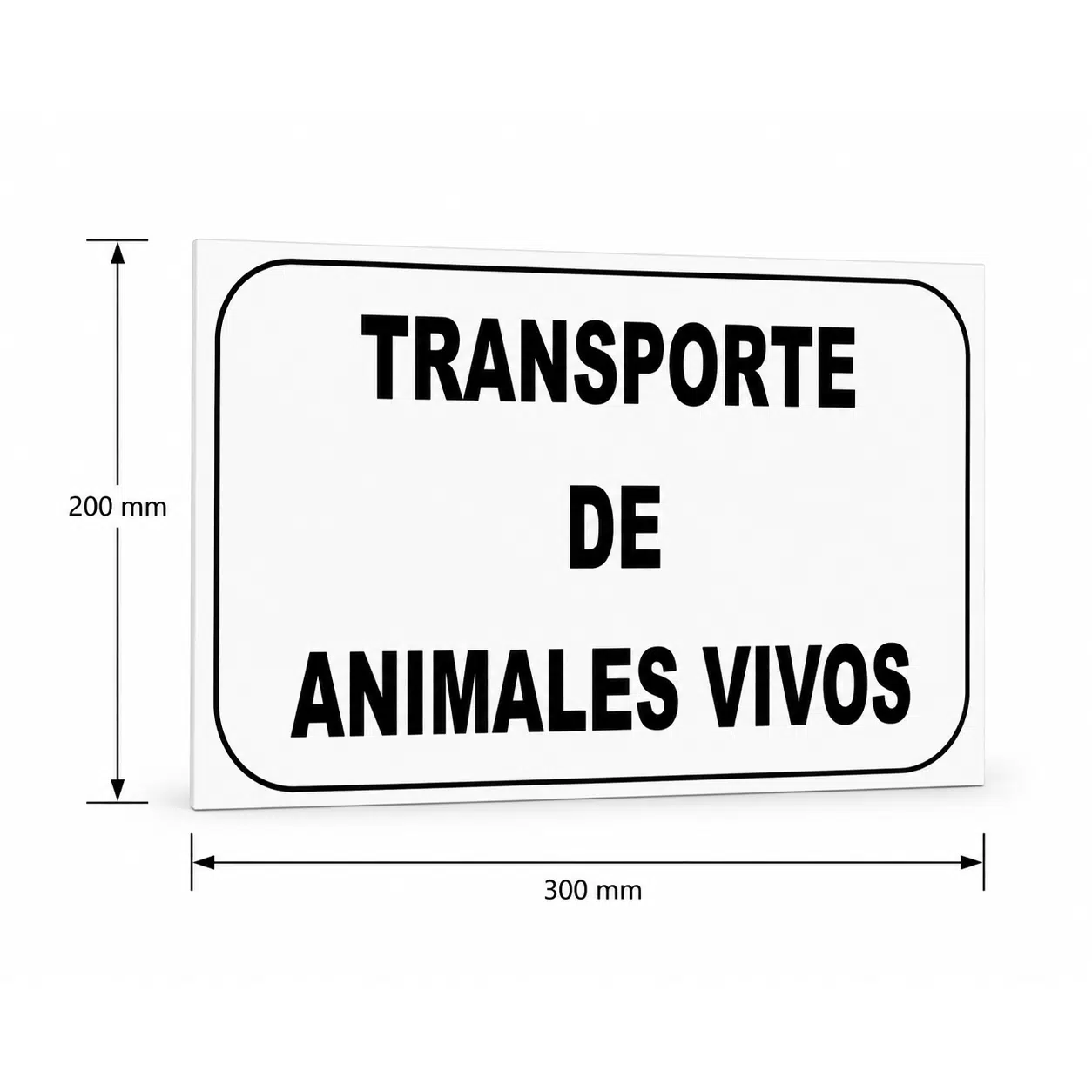 Esquema de medidas de la placa blanca para transporte de animales vivos, detallando unas dimensiones de 300 milímetros de ancho por 200 milímetros de alto.
