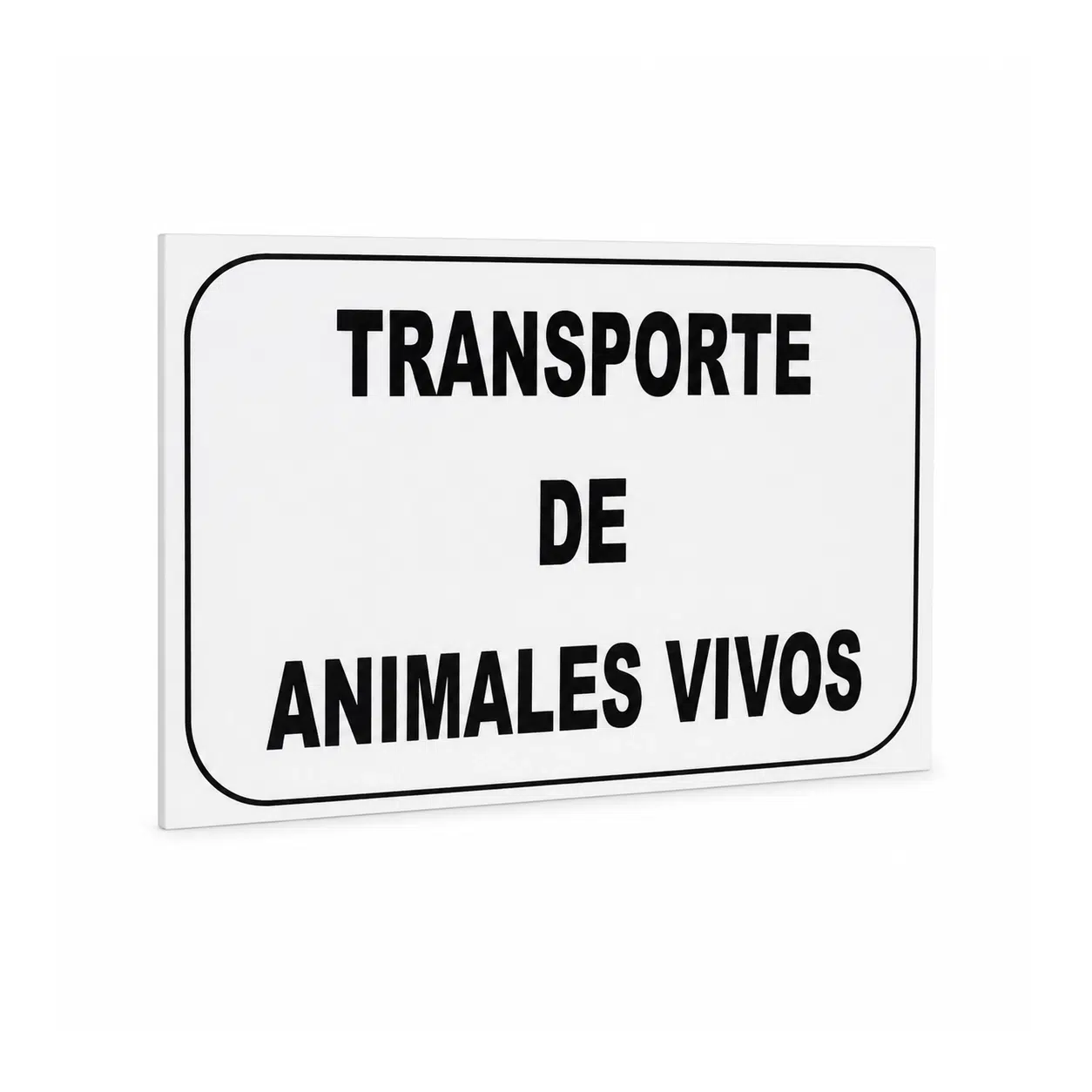 Placa Señalización: Transporte de Animales Vivos Placa rectangular blanca con reborde negro y texto en letras mayúsculas negras que indica "TRANSPORTE DE ANIMALES VIVOS" para señalización de vehículos.