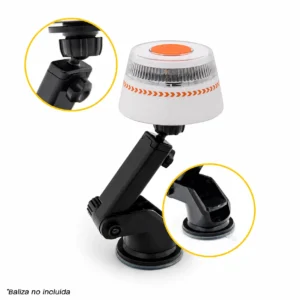 Soporte negro articulado con ventosa para balizas V16, con dos lupas que detallan el mecanismo de la rótula superior y la palanca de vacío de la base.
