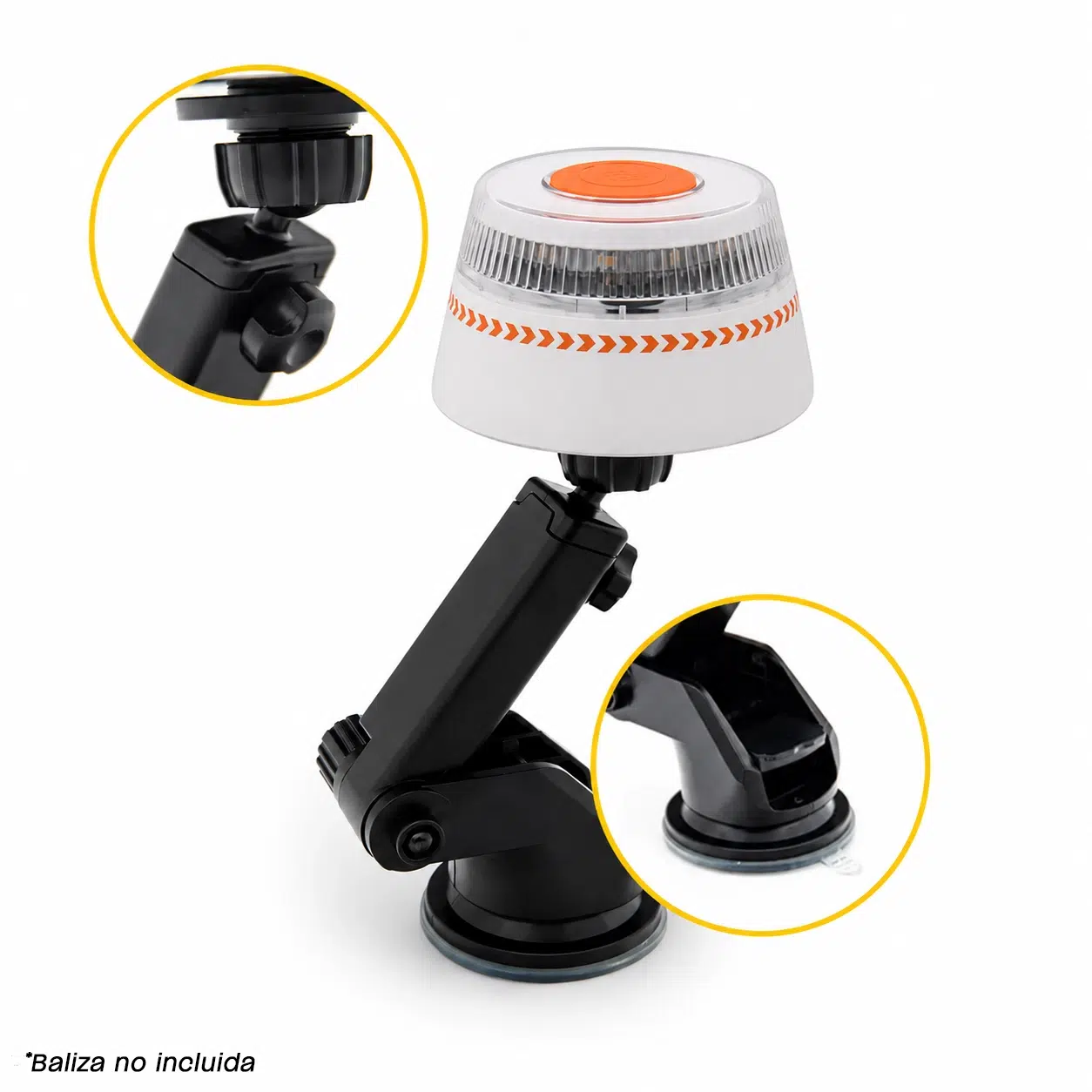 Soporte negro articulado con ventosa para balizas V16, con dos lupas que detallan el mecanismo de la rótula superior y la palanca de vacío de la base.