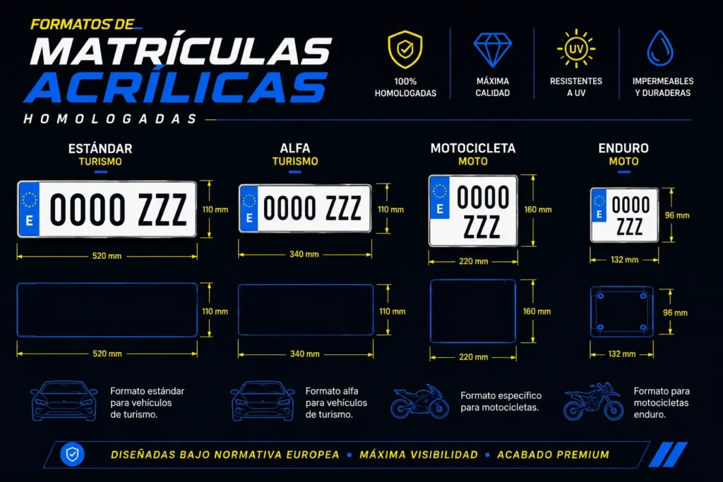 omparativa de formatos de matrículas acrílicas con medidas para coche y moto