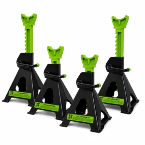 Juego de 4 borriquetas de seguridad de 3 toneladas ajustables en altura para coche, en colores negro y verde, mostradas sobre fondo blanco.