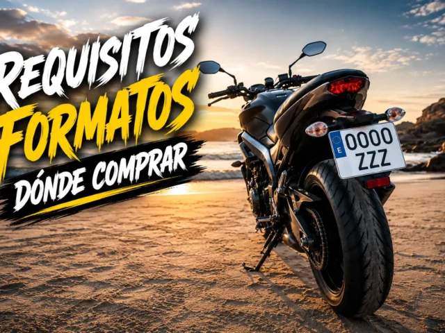 Matrícula moto acrílica de formato oficial instalada en la parte trasera de una motocicleta con el código de homologación de la DGT visible.