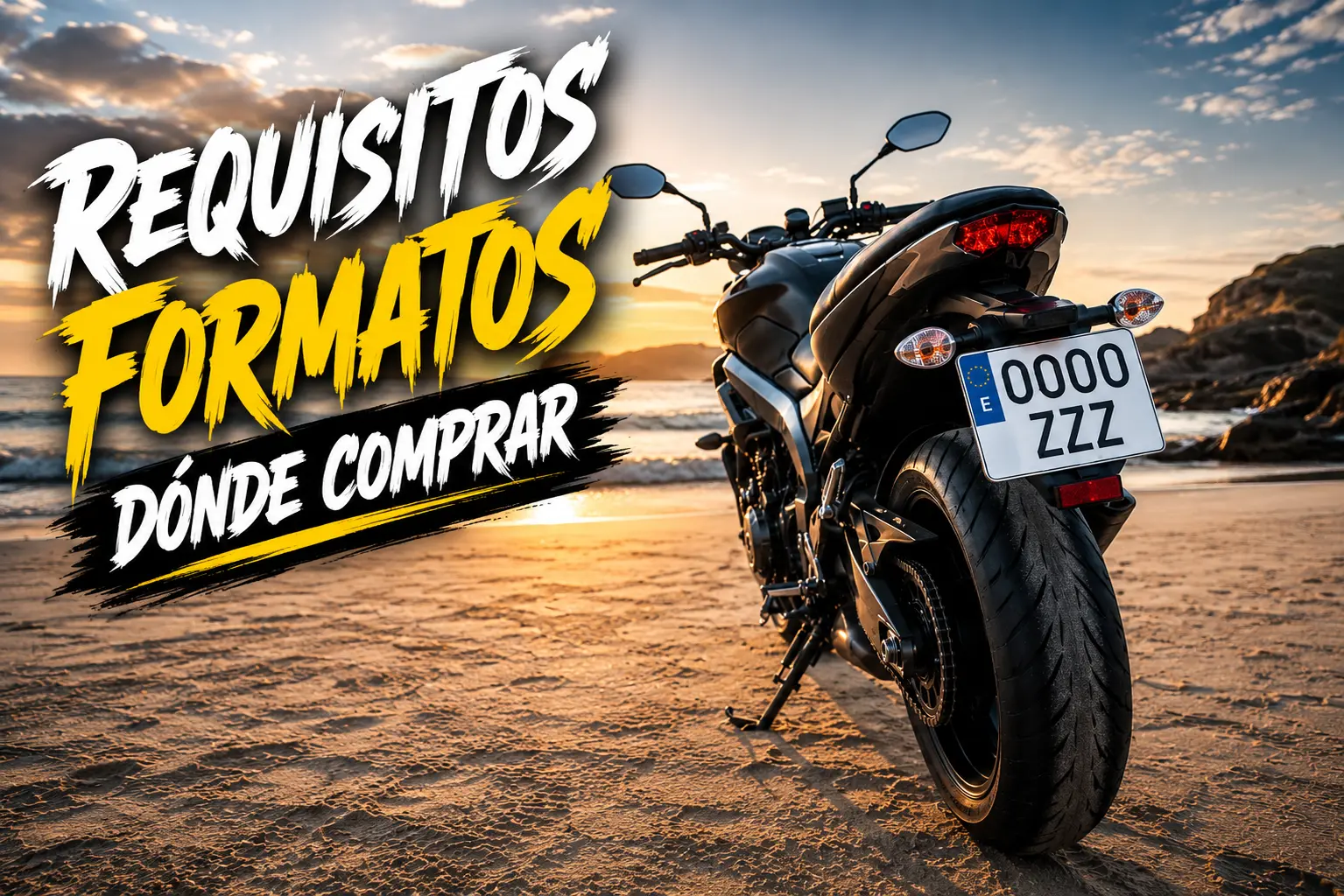 Matrícula moto acrílica de formato oficial instalada en la parte trasera de una motocicleta con el código de homologación de la DGT visible.