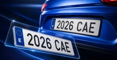 Par de matrículas acrílicas homologadas instaladas en un coche moderno