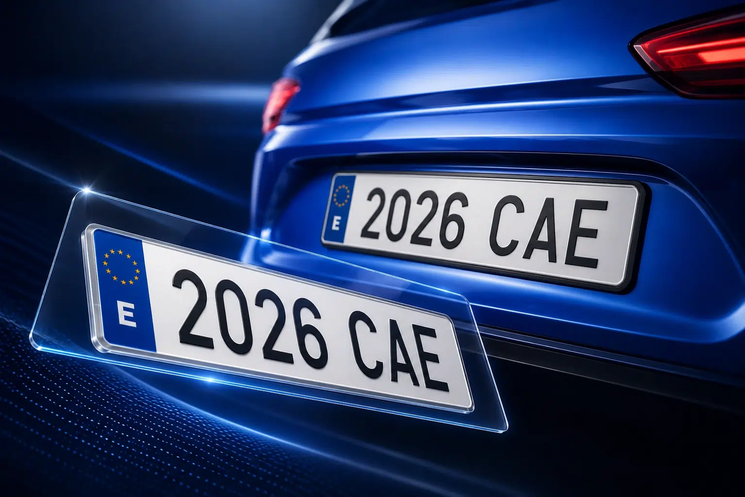 Par de matrículas acrílicas homologadas instaladas en un coche moderno
