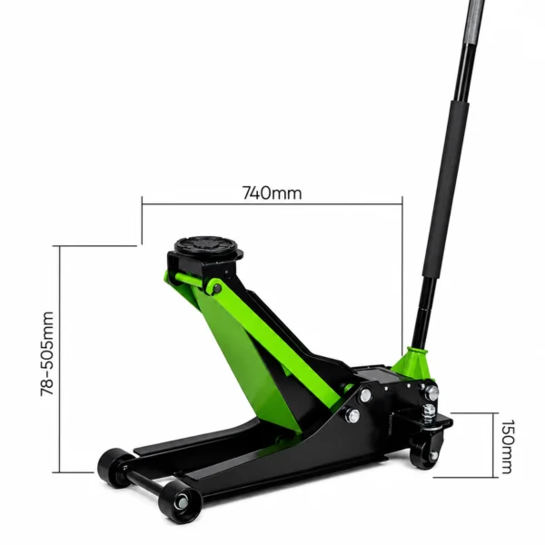 Esquema de medidas de un gato hidráulico de carretilla de 2,5 toneladas de perfil extra bajo, detallando un rango de elevación de 78mm a 505mm, longitud de 740mm y altura trasera de 150mm.