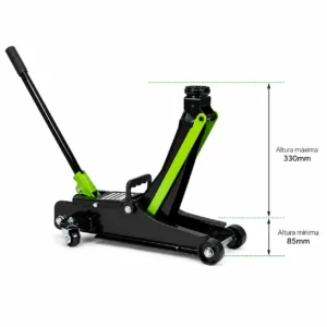 Esquema de medidas de un gato hidráulico de carretilla de perfil bajo de 2 toneladas, mostrando una altura mínima de entrada de 85mm y una máxima de 330mm.